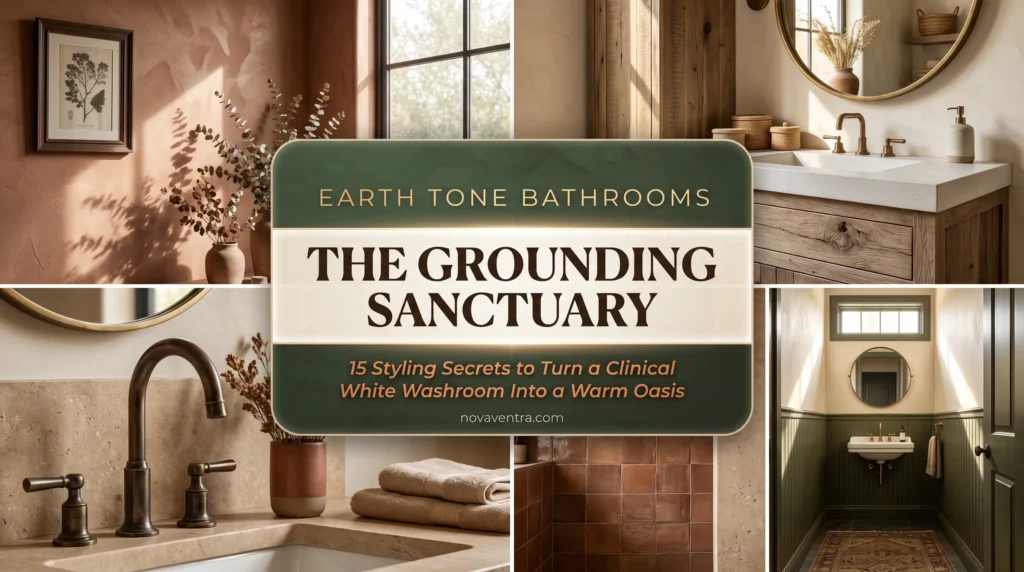 Earth tone bathroom designs featuring terracotta walls, reclaimed wood vanities, unlacquered brass fixtures, and olive green wainscoting layouts.