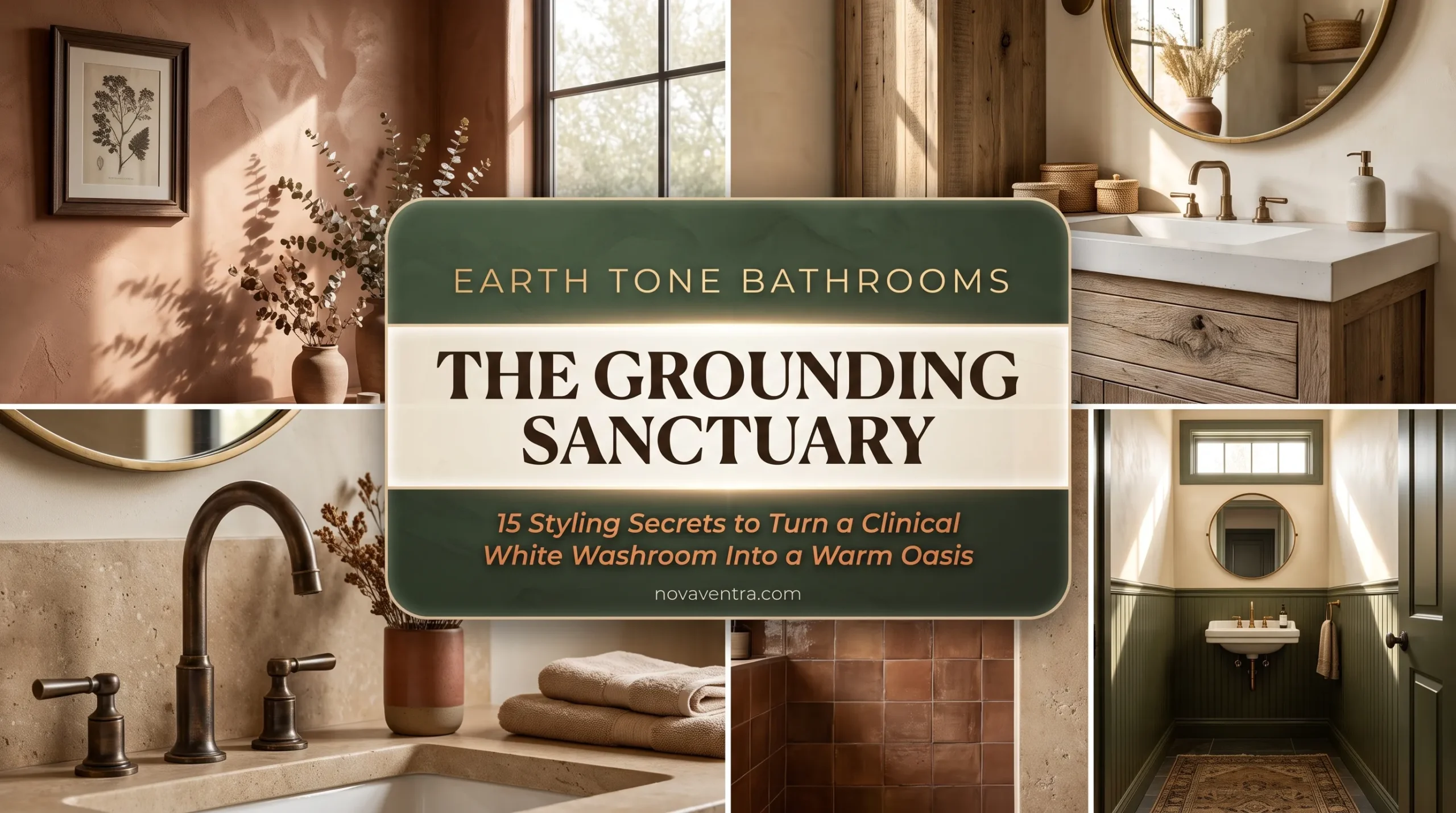 Earth tone bathroom designs featuring terracotta walls, reclaimed wood vanities, unlacquered brass fixtures, and olive green wainscoting layouts.