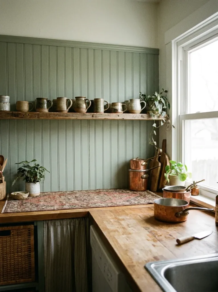 Muted sage green vertical beadboard backsplash in a boho kitchen