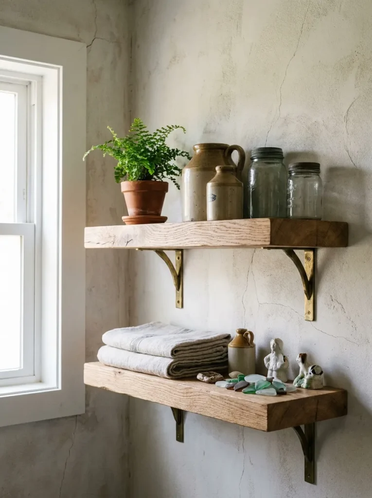 Raw edge oak floating shelves holding a green plant and vintage crocks on a wall