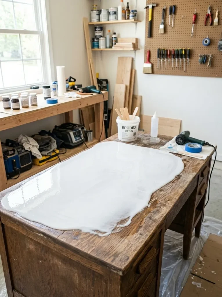 White epoxy resin poured over a wooden desk surface for a smooth finish