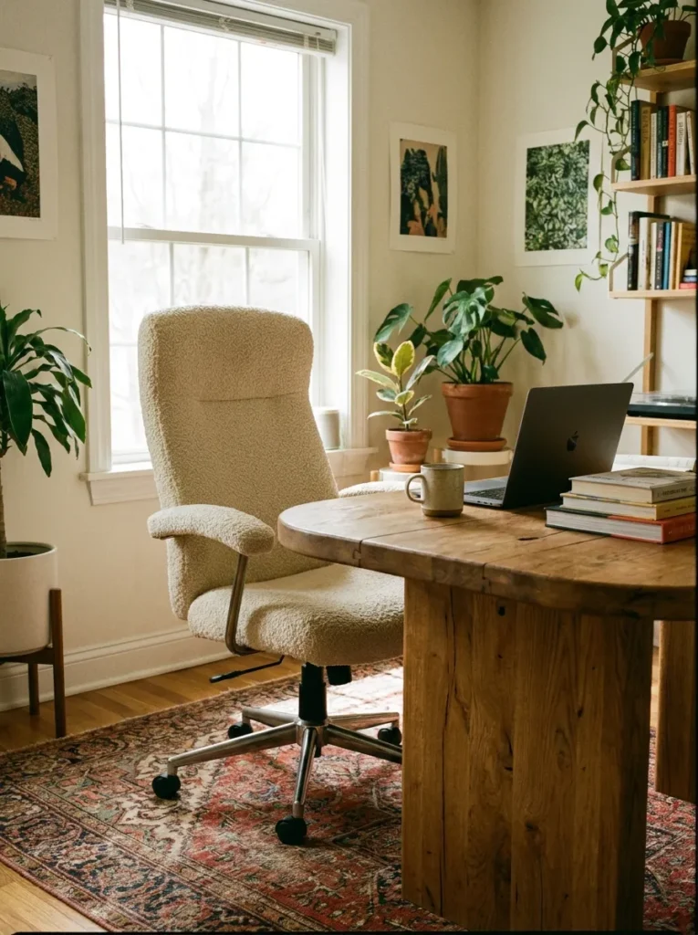 Ergonomic cozy desk chair upholstered in cream boucle fabric near a desk