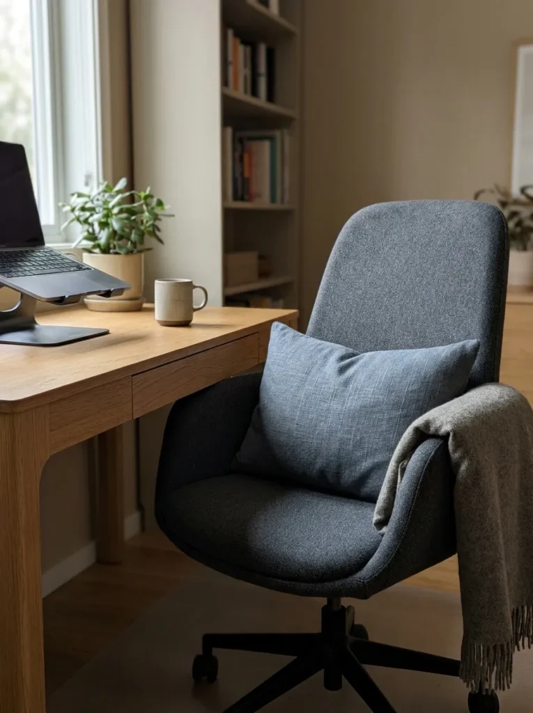 Linen lumbar support cushion nested inside an ergonomic cozy desk chair