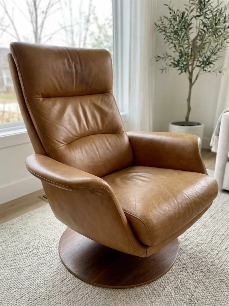 Camel leather ergonomic reading chair for adults with a high backrest