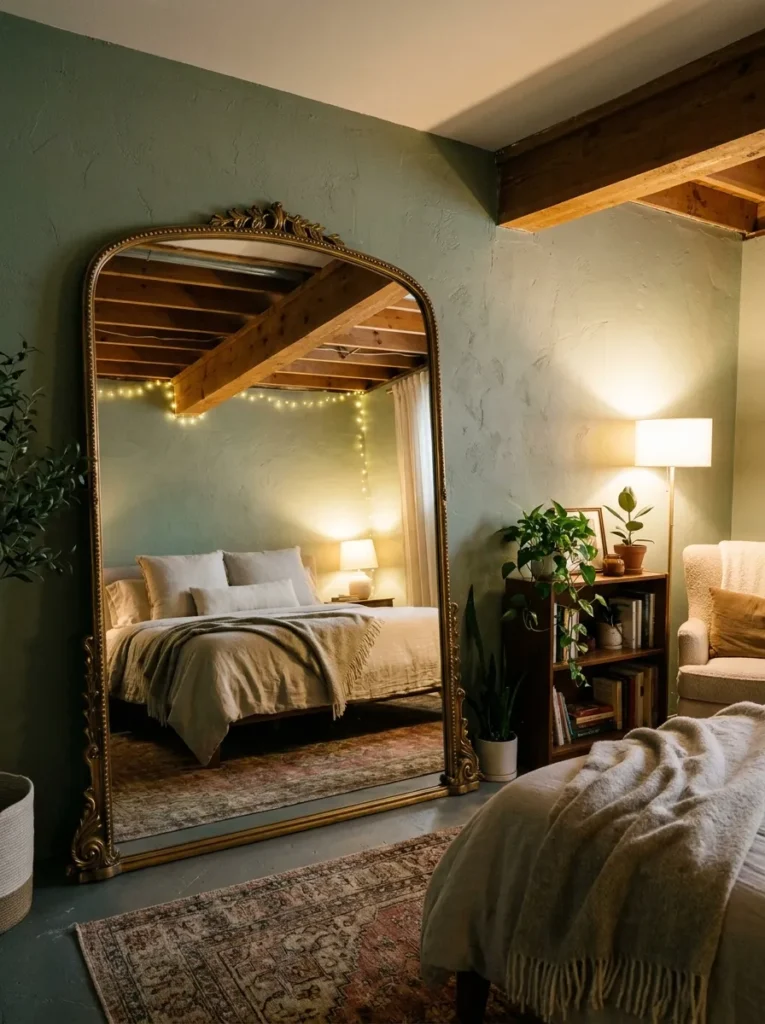 Oversized arched floor mirror reflecting light in a dark basement
