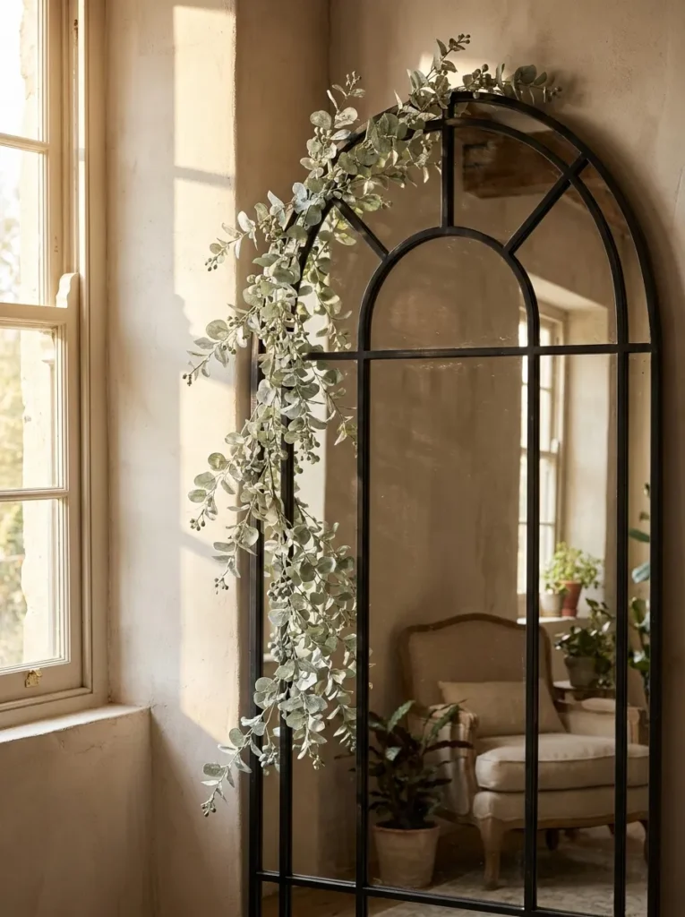 Trailing faux eucalyptus draped over the frame of an arched floor mirror