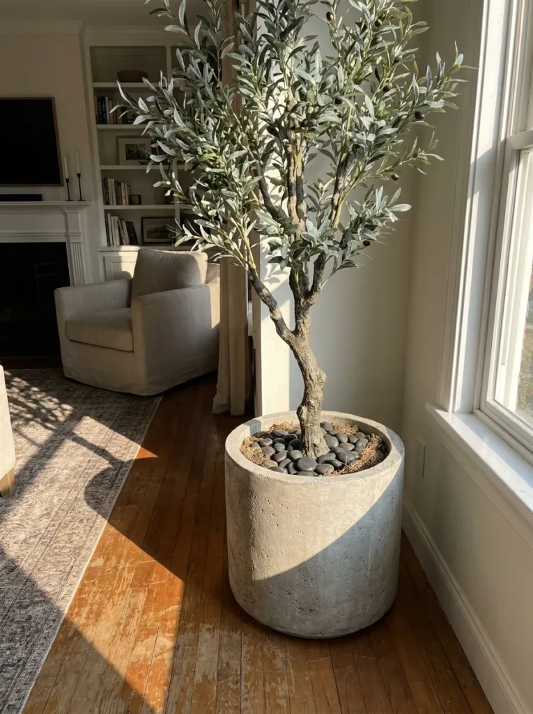 Faux greenery home styling using a faux olive tree in a concrete floor planter