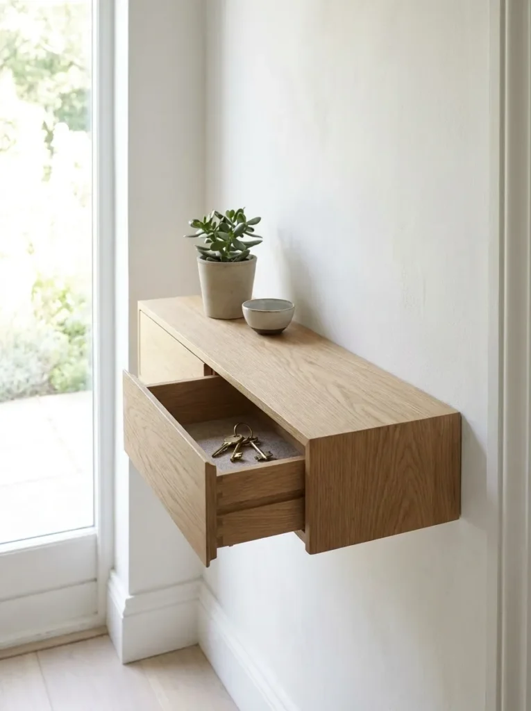 Floating oak console ledge with a hidden pull out drawer opened slightly