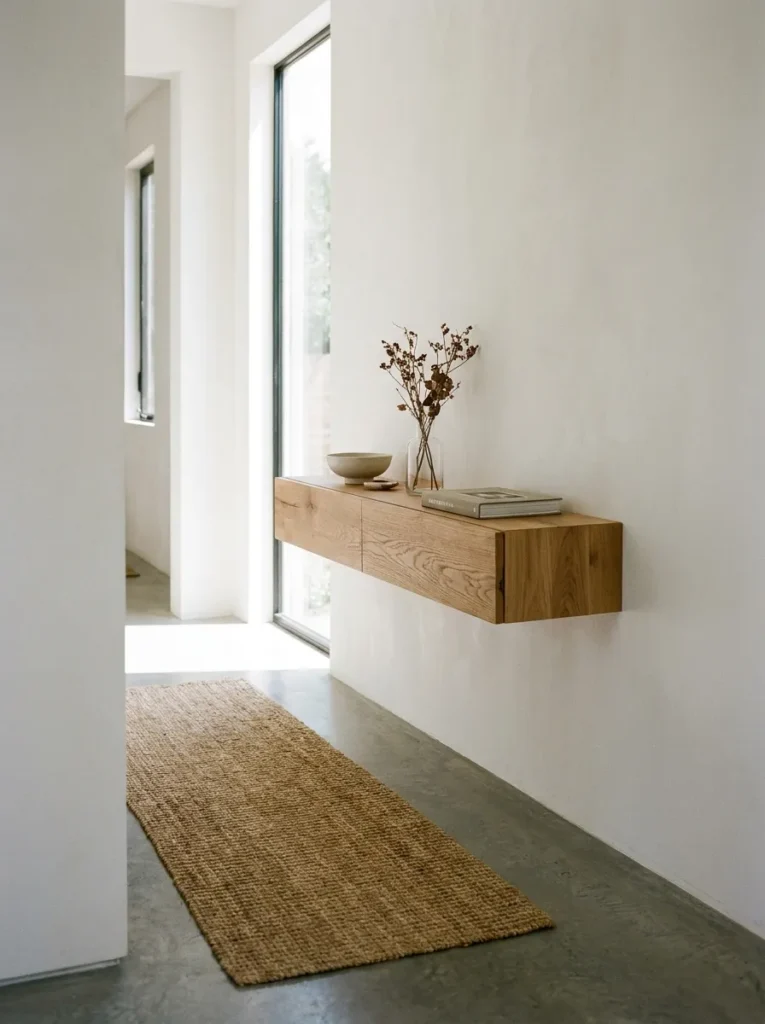 Wooden floating console table mounted to an entry wall with no legs