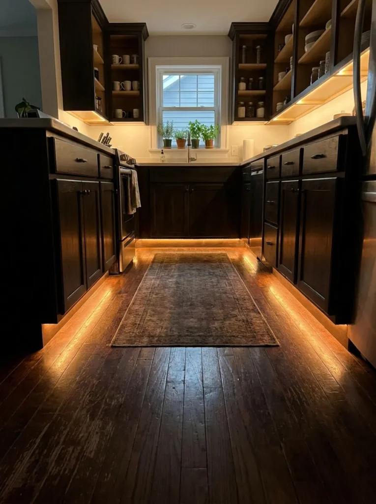 LED strip lights illuminating the floor and floating kitchen cabinets