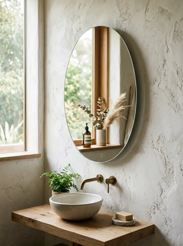Oval frameless vanity mirror floating slightly forward from a plaster wall