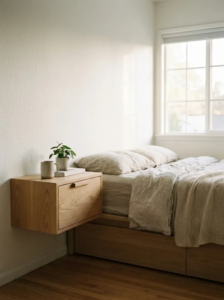 Minimalist wooden floating nightstand with a hidden drawer