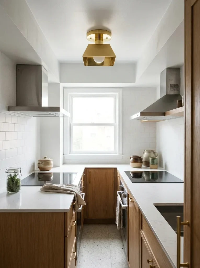Sleek brass flush mount kitchen lighting on a low ceiling