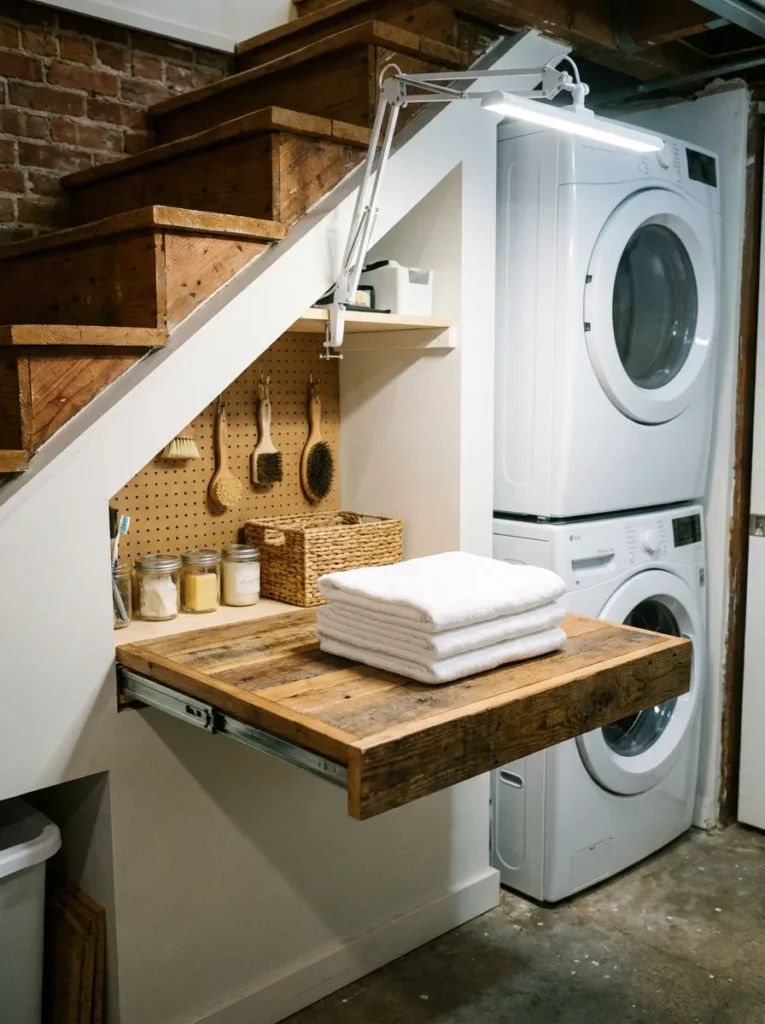 Pull out wooden folding shelf installed in a small under stairs laundry closet
