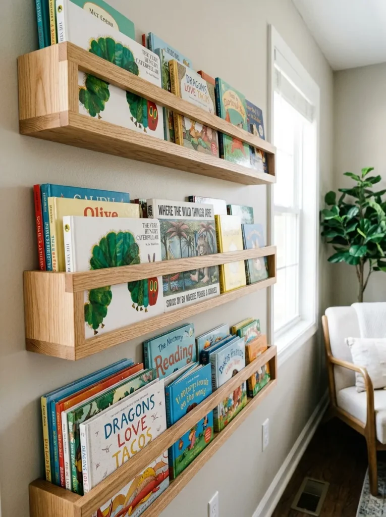 Three natural oak floating book ledges with covers facing out on a white wall