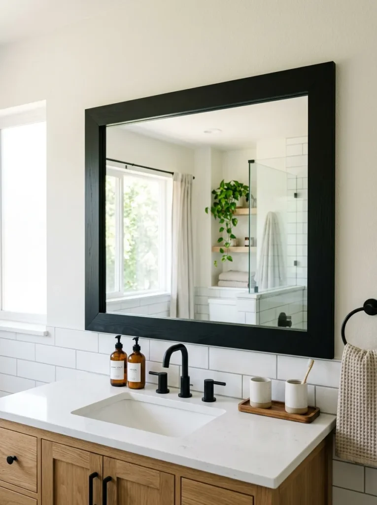 DIY matte black wooden frame installed over a builder grade mirror