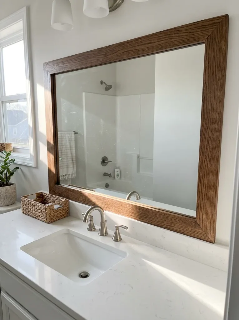Wood trim framing a builder grade mirror in a small bathroom