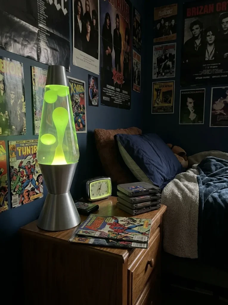 Silver lava lamp with glowing neon green floating wax on a dark table surface