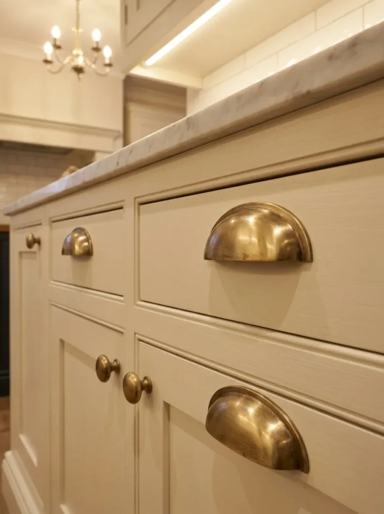 Unlacquered brass hardware gleaming on white shaker cabinets