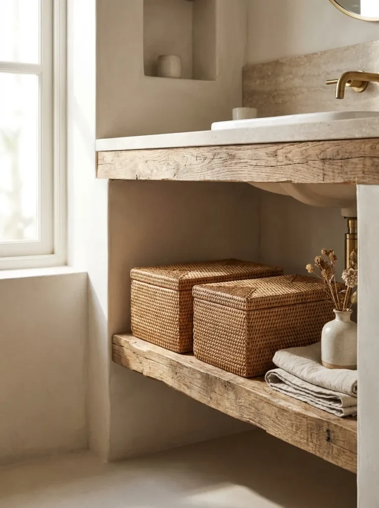 Woven rattan storage baskets sitting on a raw timber vanity shelf