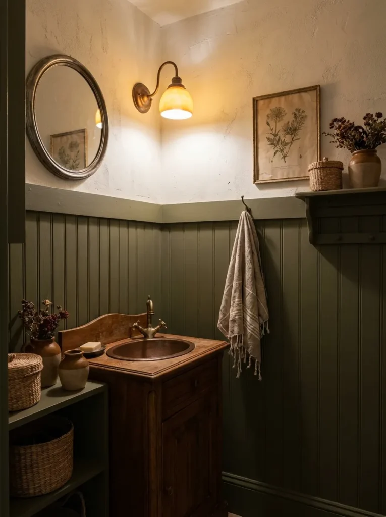 Deep olive green wainscoting installed in a moody half bathroom