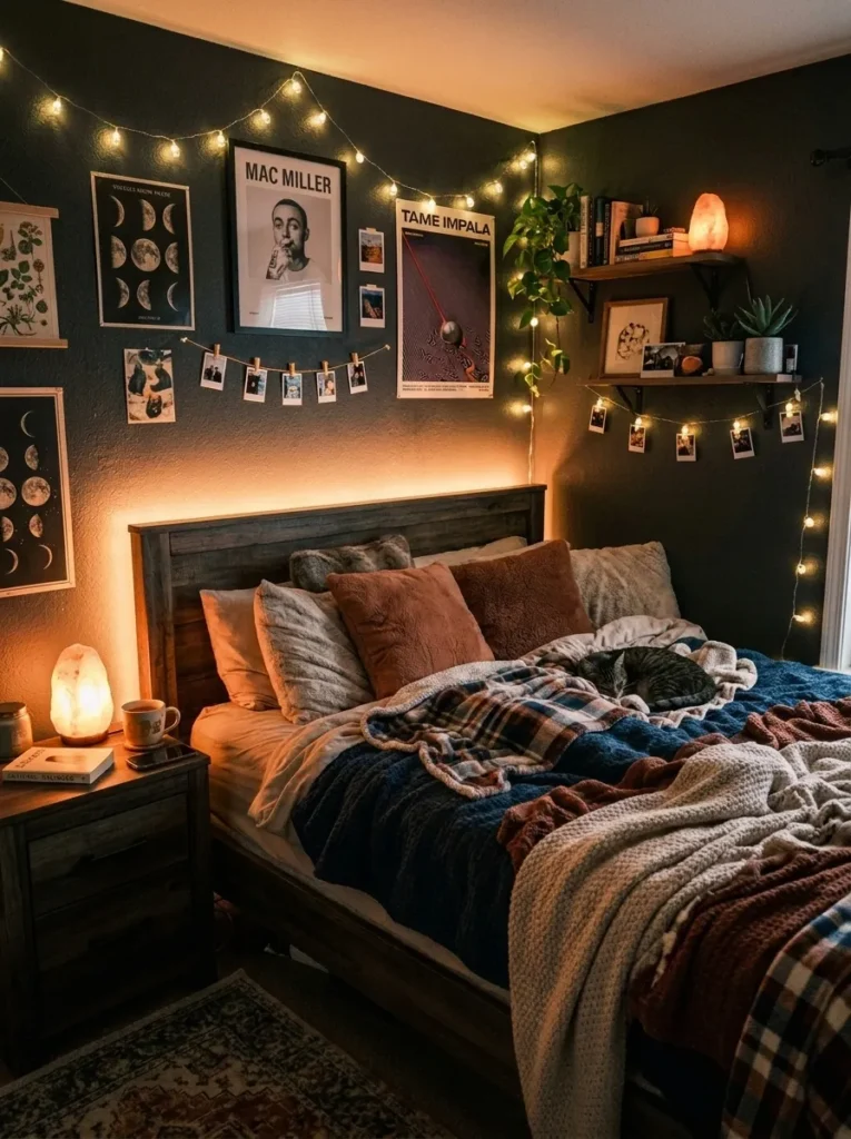 Diffused amber LED strip lighting glowing softly behind a bed frame