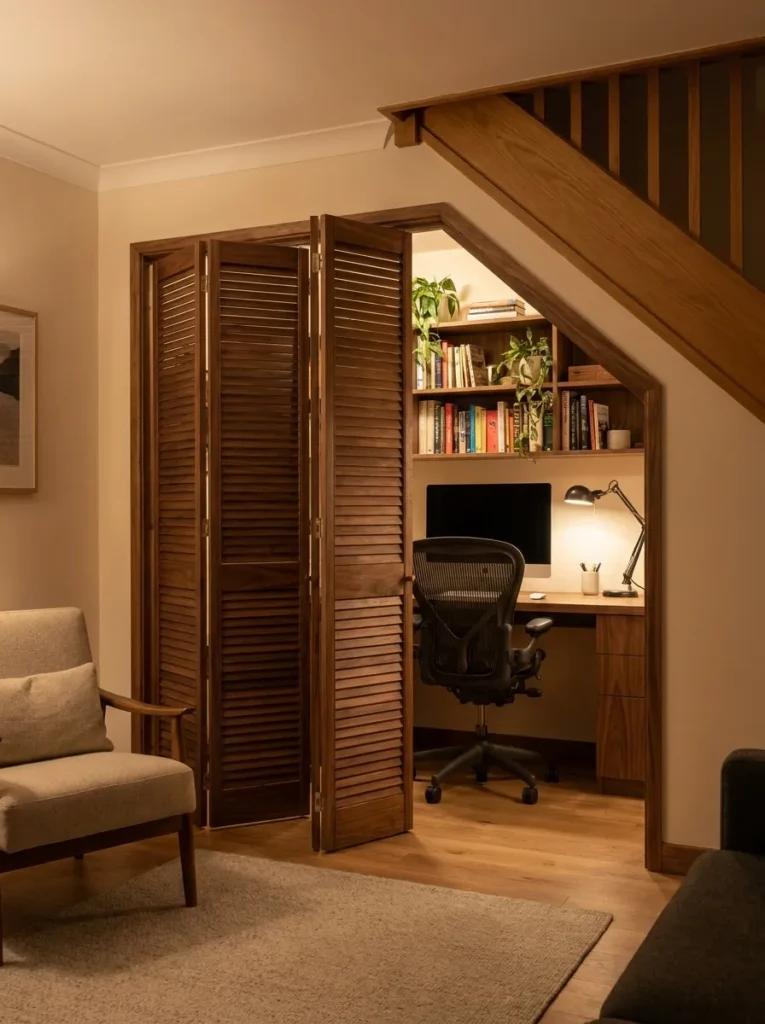 Slatted wood bi-fold doors hiding a compact home office under stairs