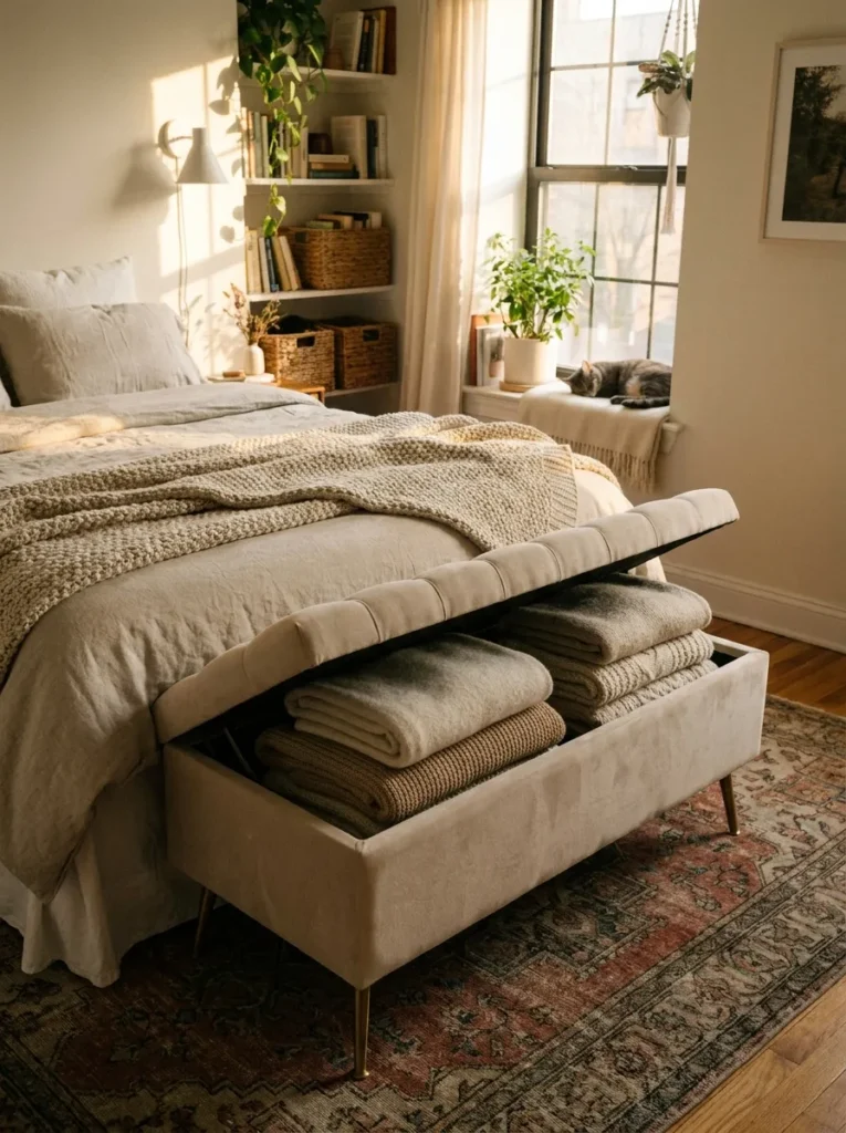 Beige tufted upholstered storage bench at the foot of a bed