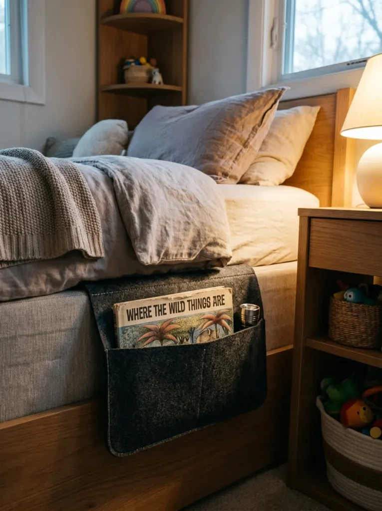 Dark gray felt bedside pocket organizer hanging off a mattress