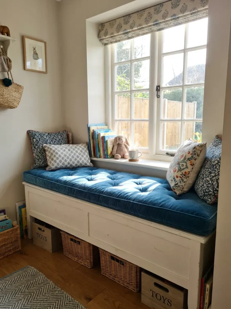 Cozy window seat trunk providing hidden toy storage