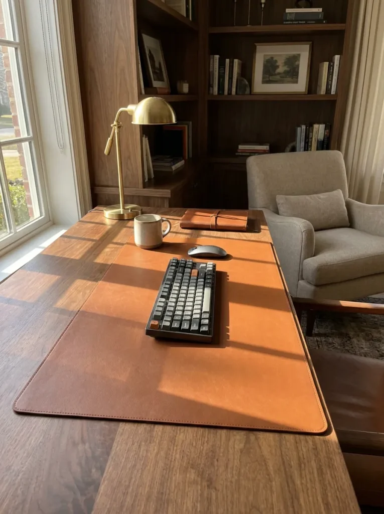Saddle brown vegan leather desk mat defining a luxury home office aesthetic