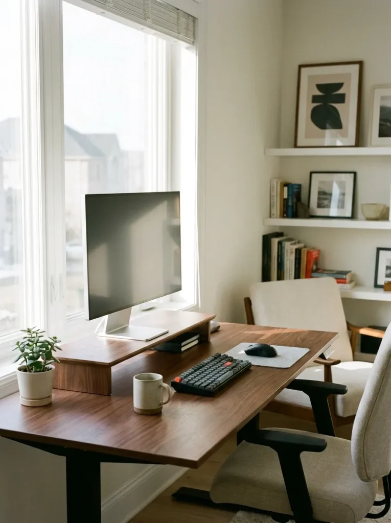 Walnut monitor stand providing ergonomic height and home office inspiration