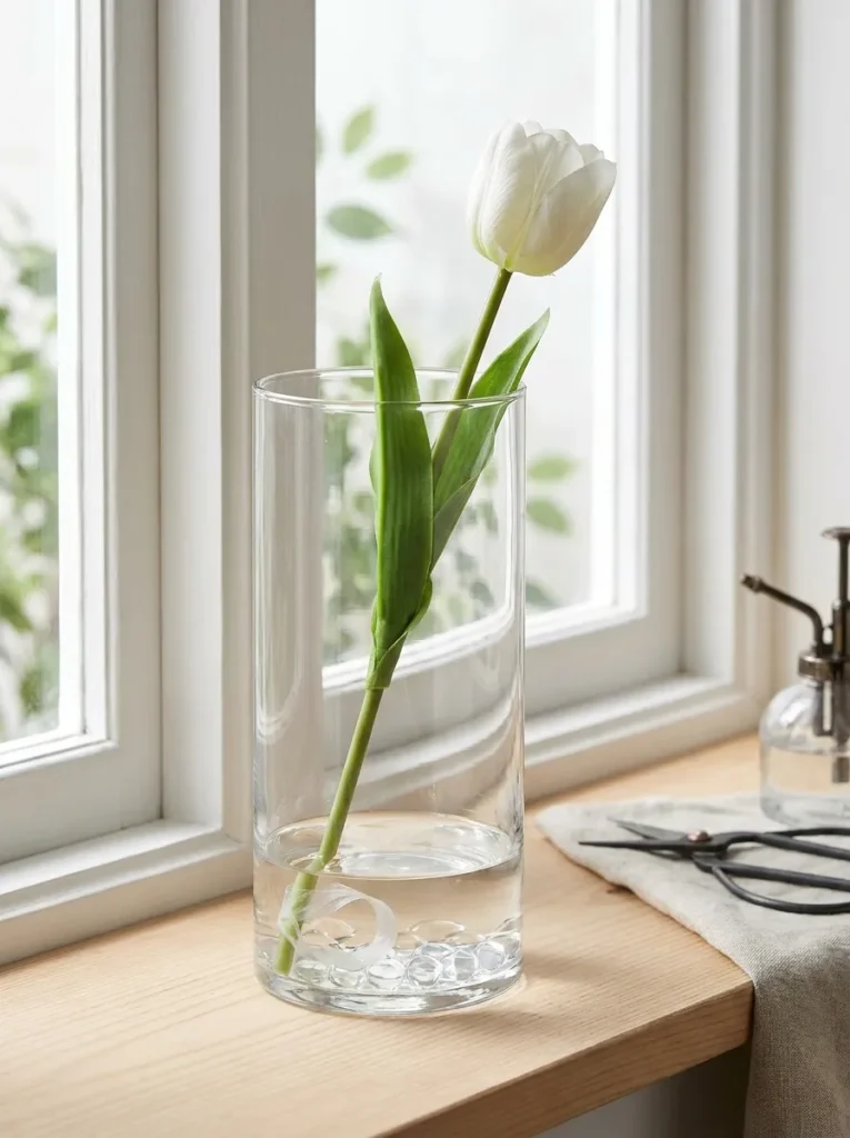 Clean water inside a clear glass vase holding realistic faux white tulips