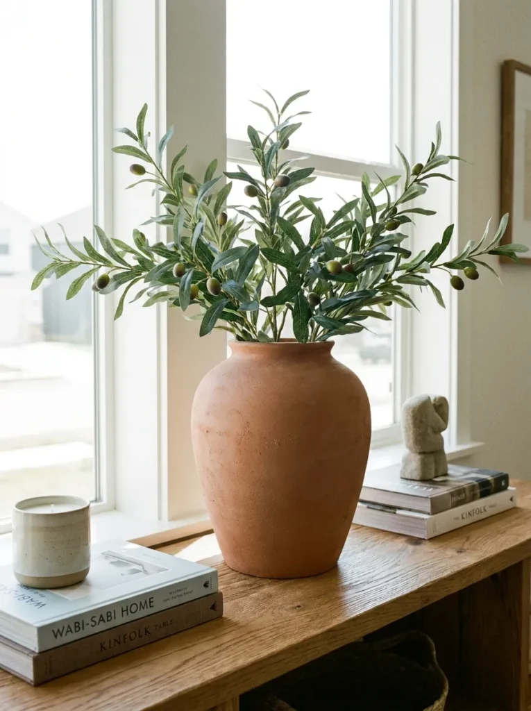 Matte terracotta vase concealing the bases of realistic faux olive branches