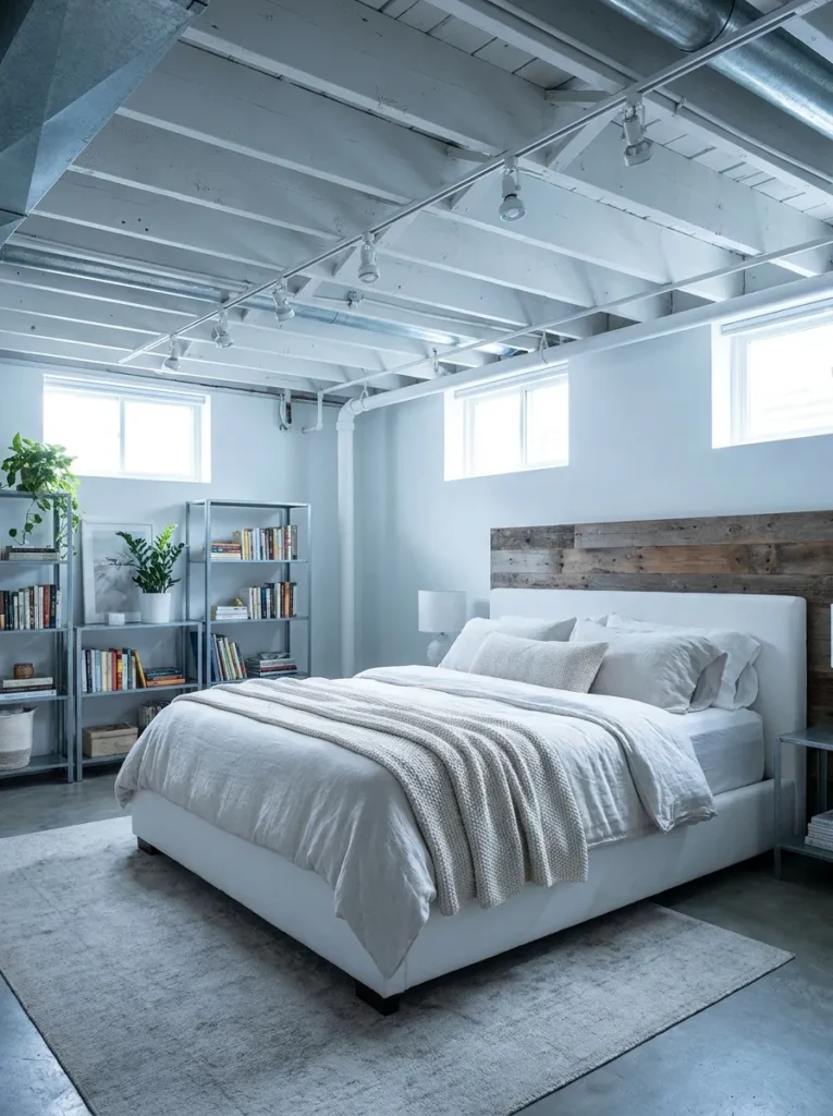 Exposed basement ceiling joists painted flat white to brighten the room