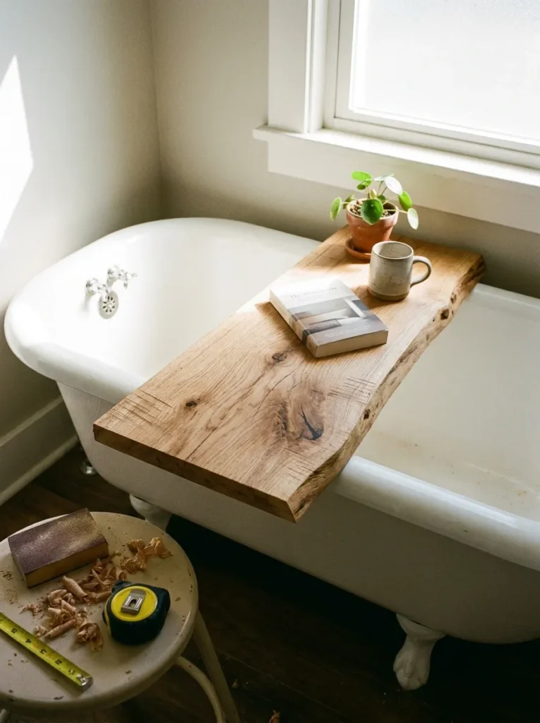 Custom raw white oak wood bath board resting across a white porcelain tub