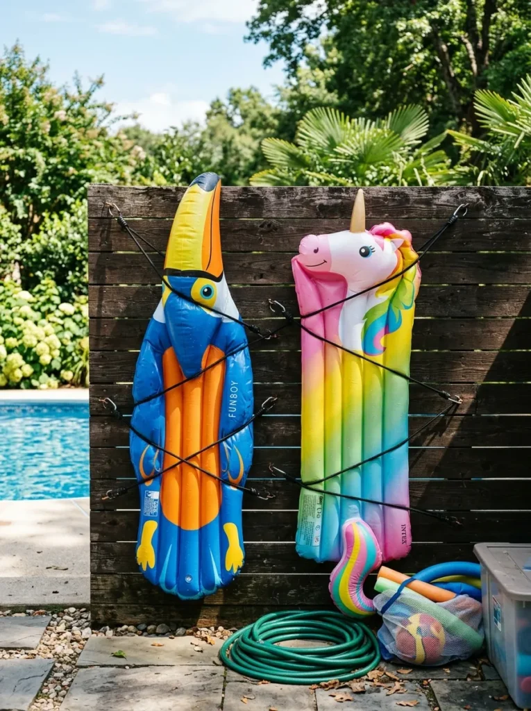 Large pool inflatables secured flat against a wooden fence with black bungee cords