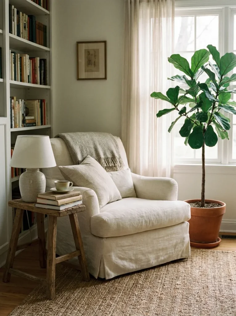 Styled cream reading nook chair surrounded by a side table and green plant