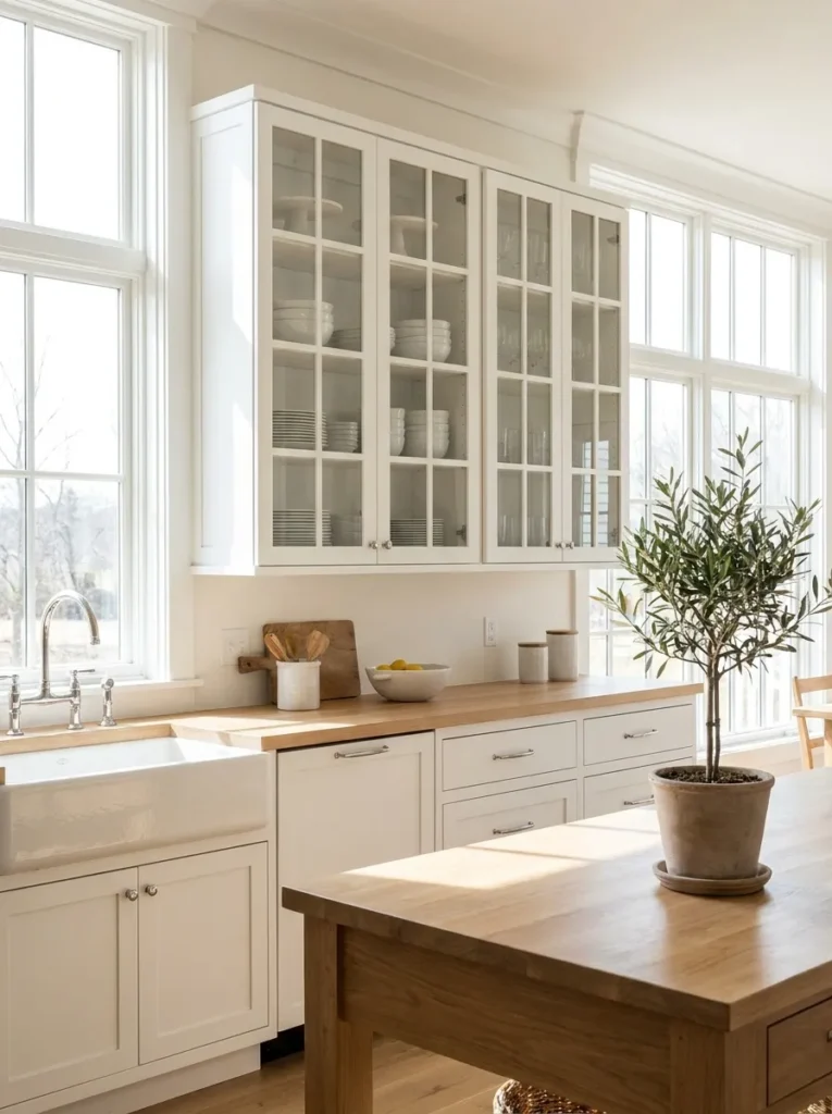 Glass front upper cabinet doors breaking up a white kitchen layout