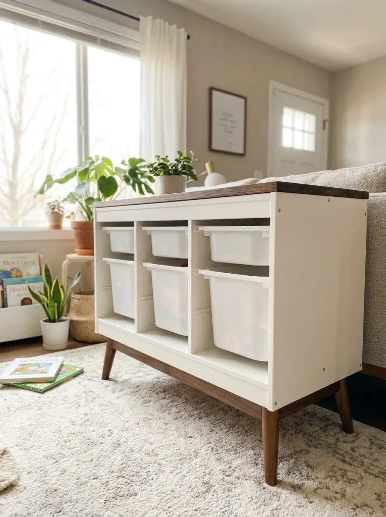 Customized IKEA Trofast toy storage unit with wooden legs