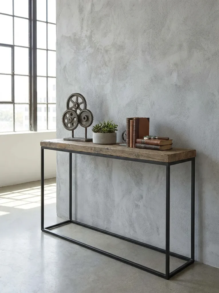 Slim black iron console table with a reclaimed live edge wood top