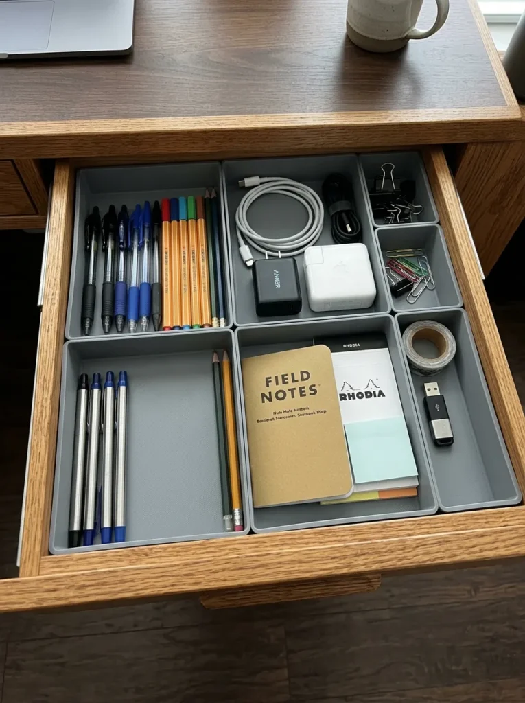 Interlocking modular gray trays organizing a wooden desk drawer