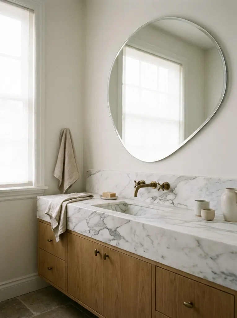 Irregular organic shaped frameless mirror in a quiet luxury bathroom
