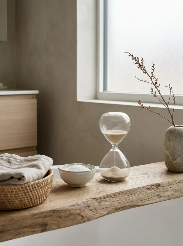 Clear glass hourglass sand timer filled with white sand on a wood bath tray