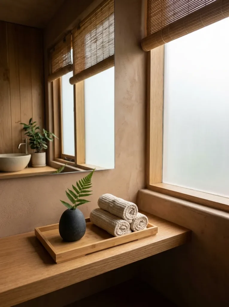 Stone bud vase with a single stem and rolled washcloths on a bamboo tray