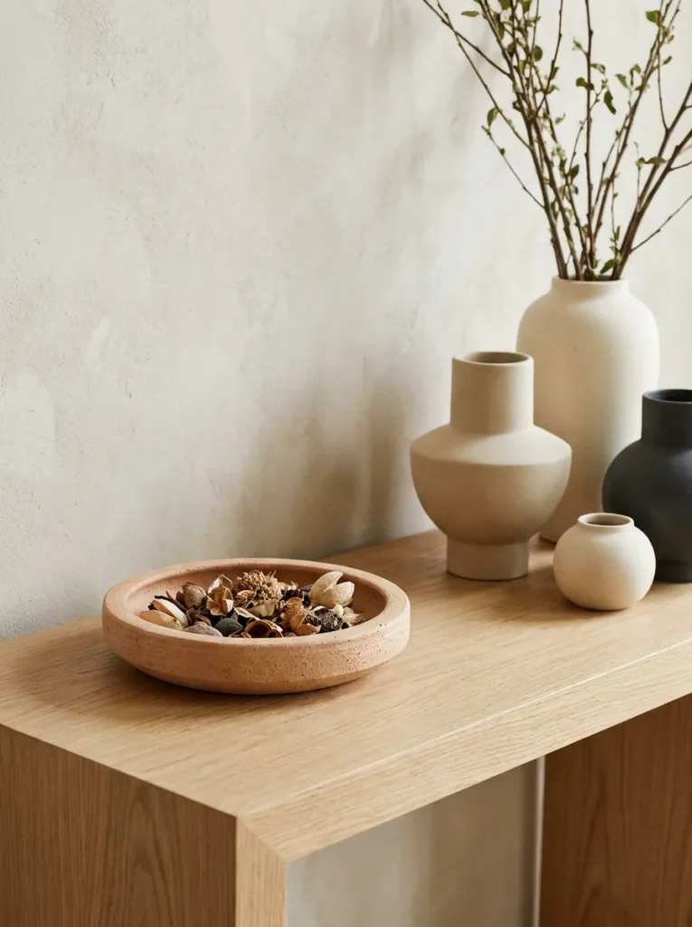 Light oak console table styled with clay dishes and matte ceramic pottery