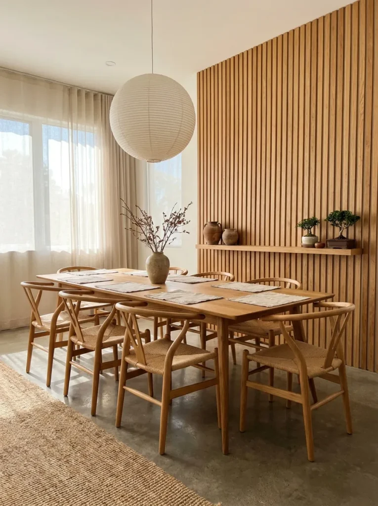 7. Embrace the Wood Slat: Japandi Dining Room Design
If you want to blend the cozy warmth of Scandinavian design with the profound elegance of Japanese minimalism, you want Japandi.
A staple of japandi dining room design is the use of vertical wood slats. If your minimalist room still feels a bit empty, install a floor-to-ceiling slatted wood acoustic panel on one accent wall. The repetitive, clean vertical lines provide incredible architectural texture and warmth while maintaining strict, orderly minimalism.