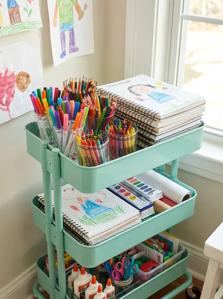 Mint green rolling metal utility cart organizing kids art supplies