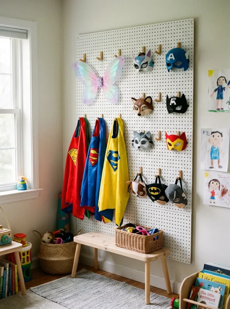 Painted pegboard wall organizing kids dress up clothes