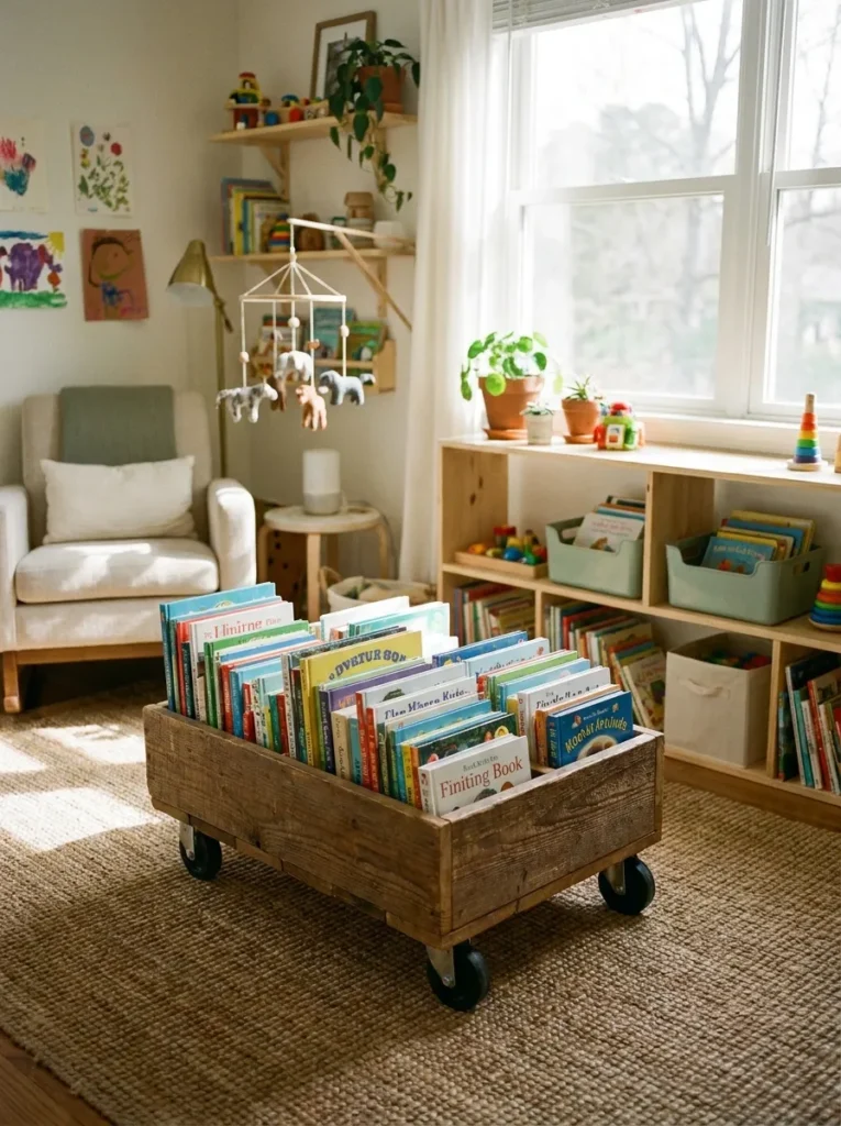 Low wooden book storage cart on wheels filled with picture books